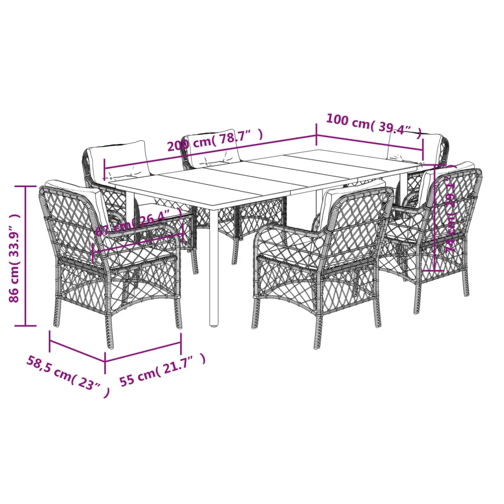 Set da Pranzo da Giardino 7 pz con Cuscini in Polyrattan Grigio