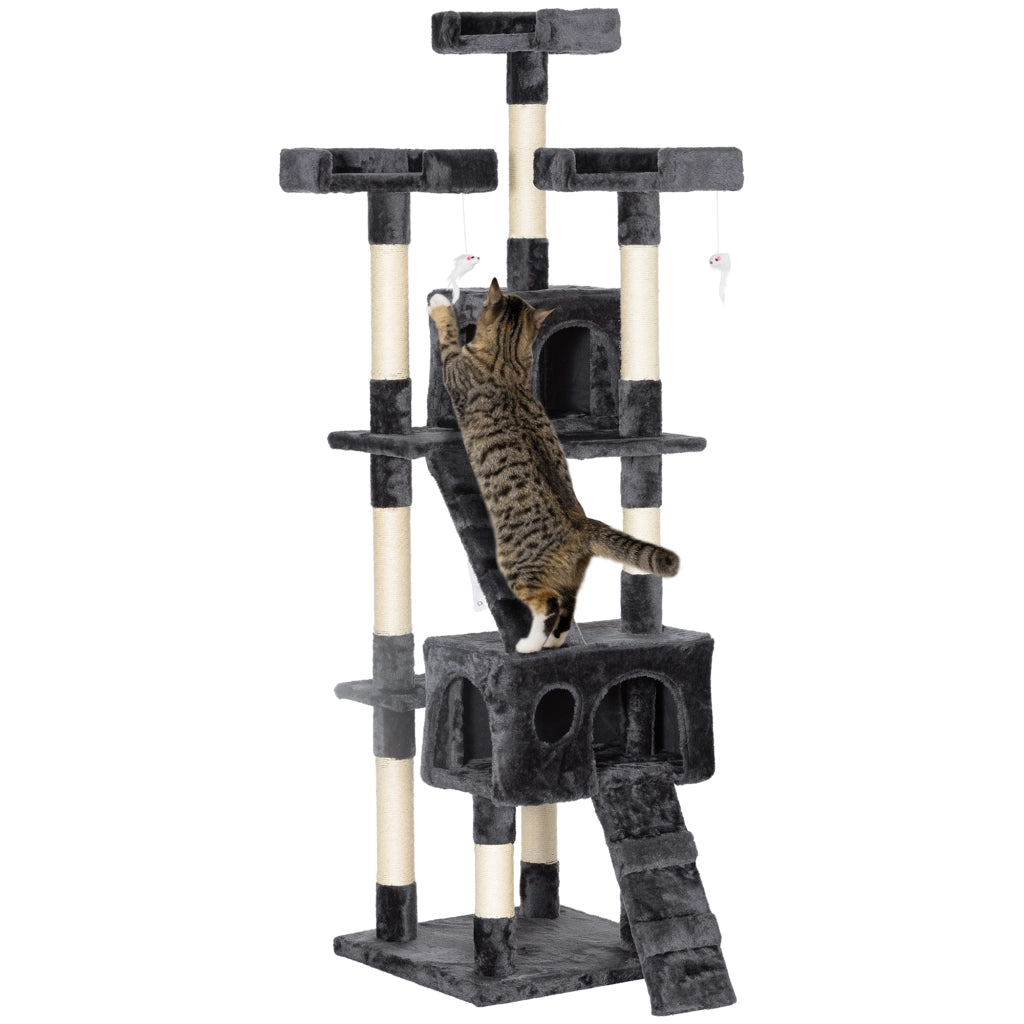 Albero tiragraffi per gatti con 4 piattaforme, 2 tane, 3 lettini, rampe e posti di sisal ¨C Minimal ¨C Grigio 173 cm