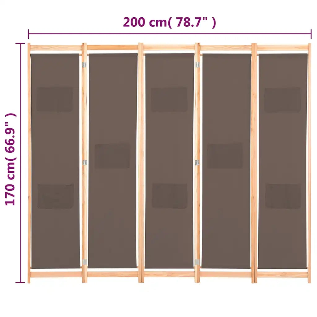 Divisorio Ambienti | Divider per stanze | Paravento a 5 Pannelli Marrone 200x170x4 cm in Tessuto