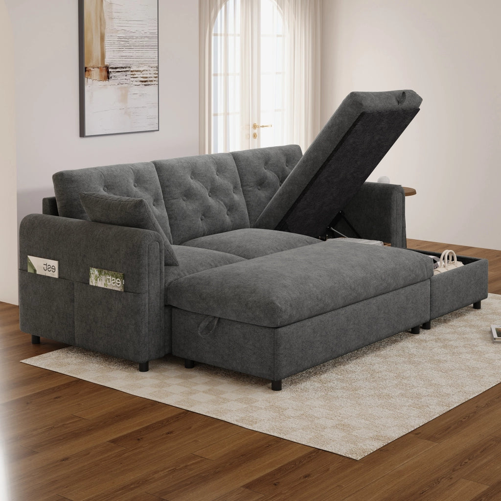 Divano in velluto grigio con chaise longue e pouf contenitore, seduta con molle insacchettate, 219 x 131 x 86 cm