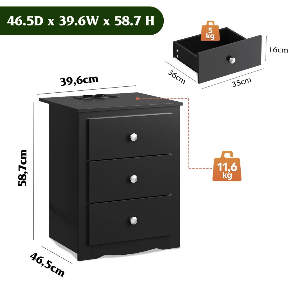 Comodino 3 Cassetti con Prese e USB ¨C Minimal ¨C 2 Pezzi, Nero