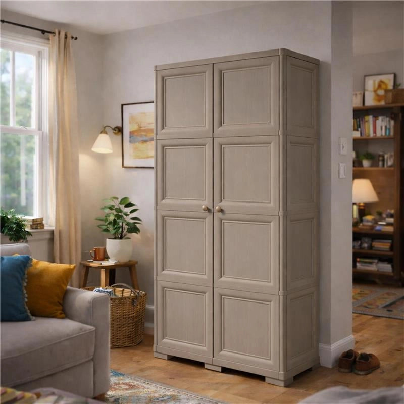 ARMADIO 2 ANTE TAUPE 79X43X164 CM CON 4 SCOMPARTI E VANO PORTASCOPA – MOBILE ALTO ORGANIZZAZIONE CASA PER INGRESSO E LAVANDERIA