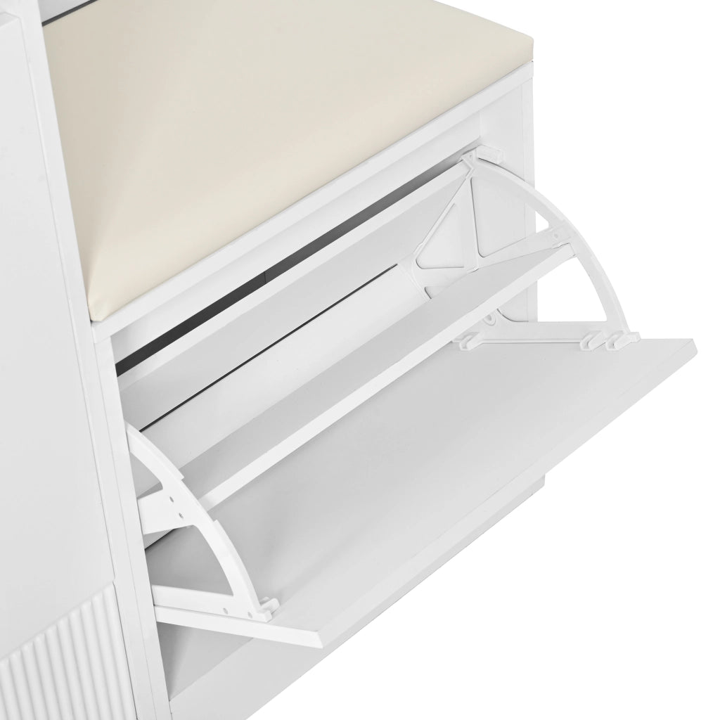 Garderoba compatta bianca con scarpiera, panca, specchio e LED controllabile da app
