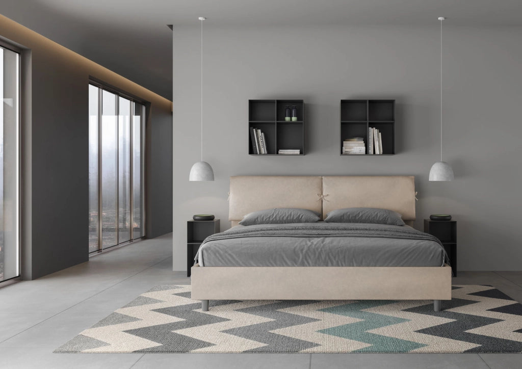 BS COM Letto matrimoniale king size con rete imbottito 180x190 microfibra sabbia