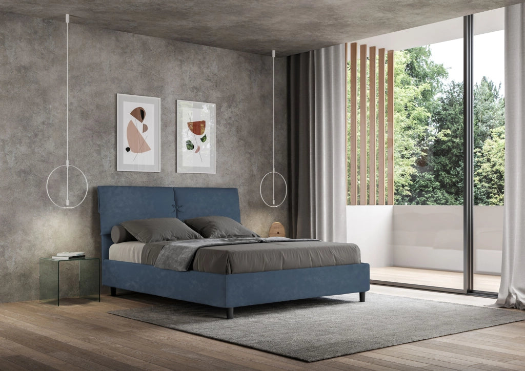 BS COM Letto matrimoniale contenitore doppia alzata imbottito 160x190 microfibra blu