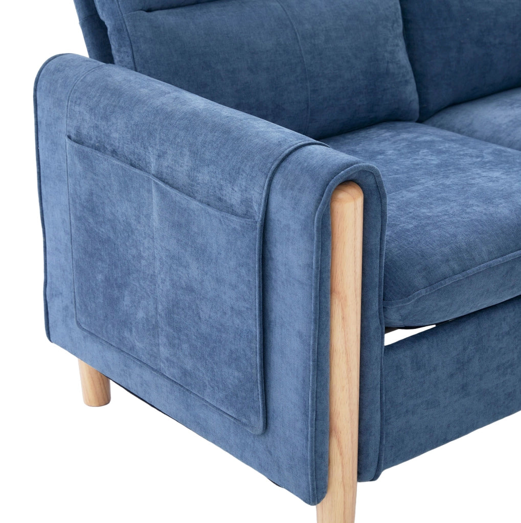 Divano modulare a U per 4 posti con 2 pouf contenitore; in chenille blu; 261 cm