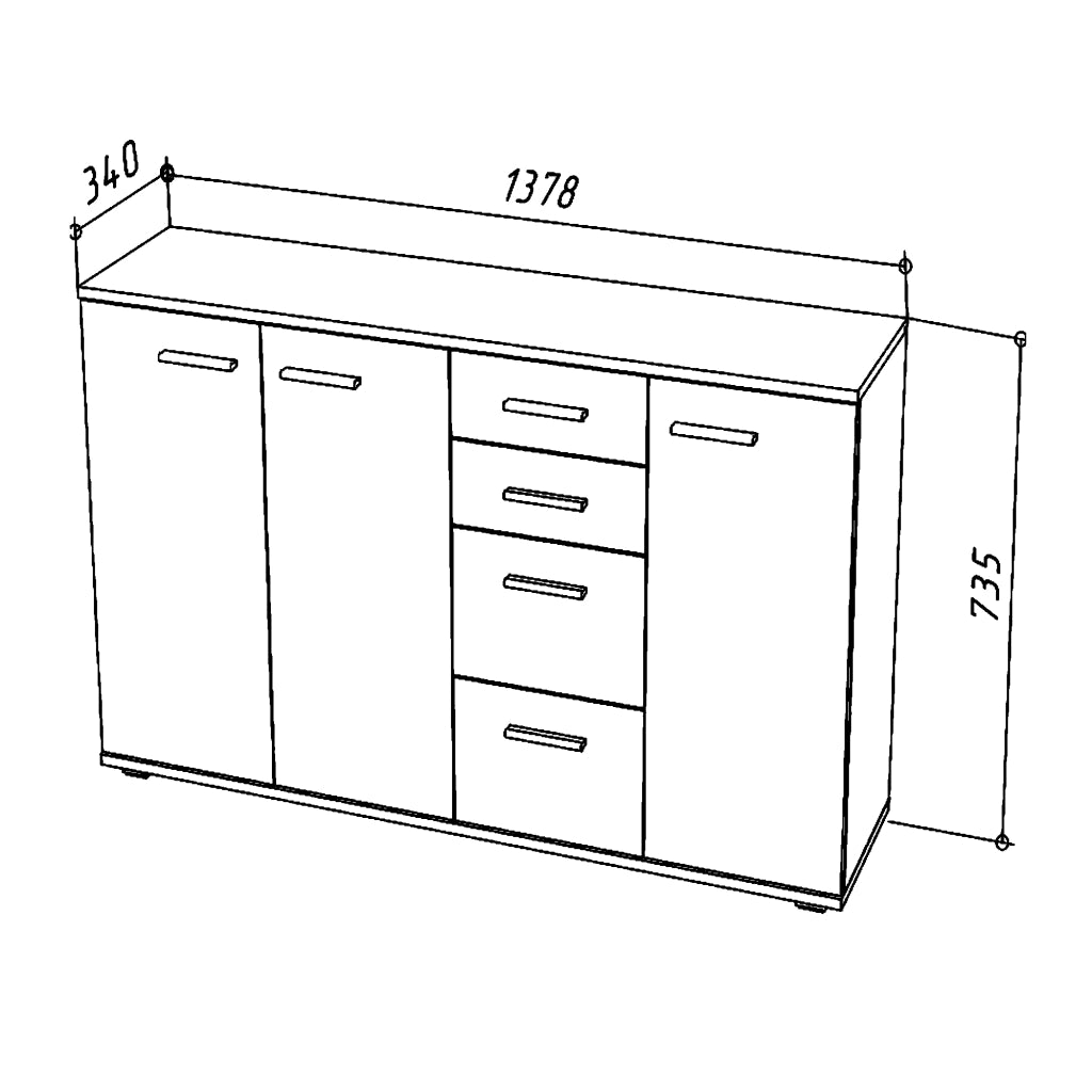 Commode FAUSKE - 4 Cassetti - 3 Ante - Quercia Sonoma - Bianco - Larghezza 138 cm, Altezza 74 cm, Profondit? 34 cm