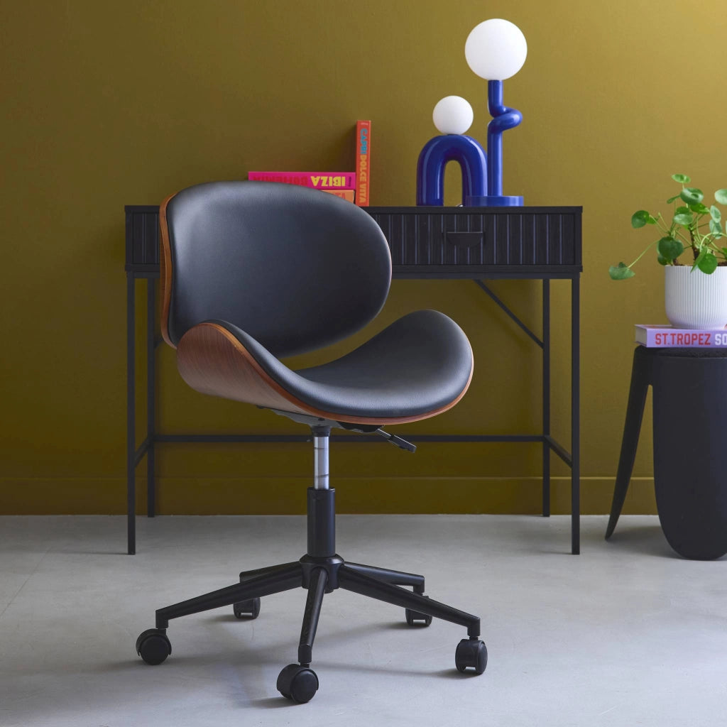 Sedia da ufficio con rotelle, effetto legno curvato e similpelle, nero