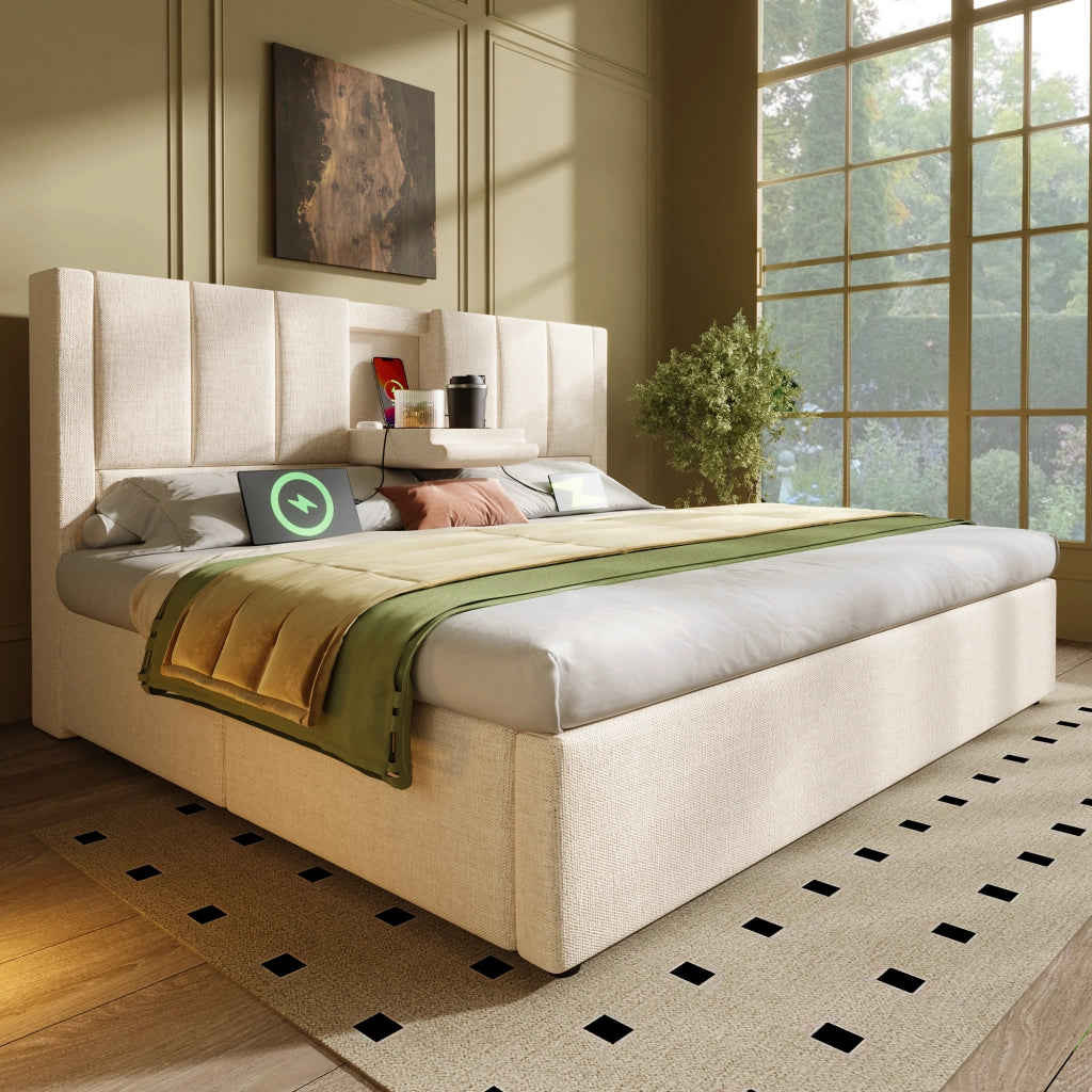 LETTO Contenitore 140x200 cm in lino beige con portabicchieri e USB