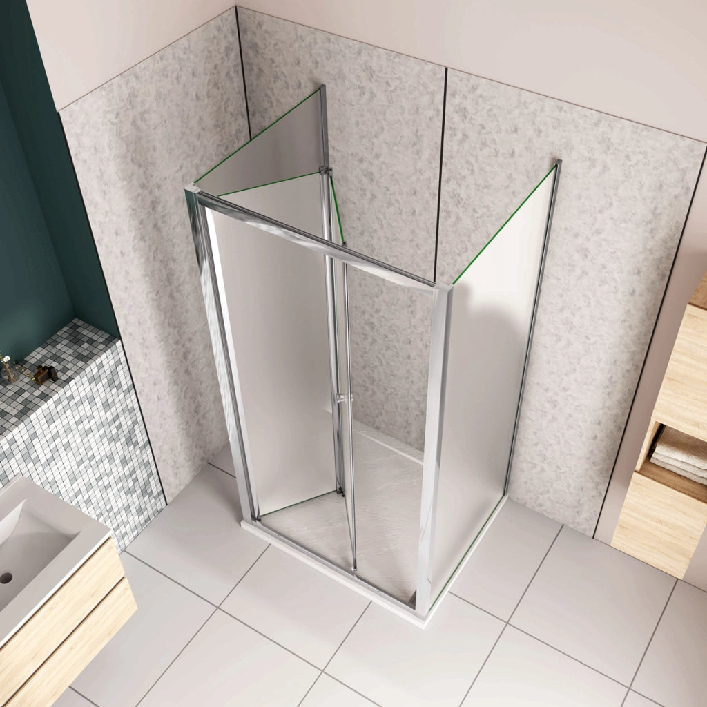 185cm Box Doccia a Tre Lati Porta a Soffietto 76cm con Doppia Parete Fissa 70x70cm in Vetro Temperato Satinato Opaco 5 mm Profilo Cromato Lucido