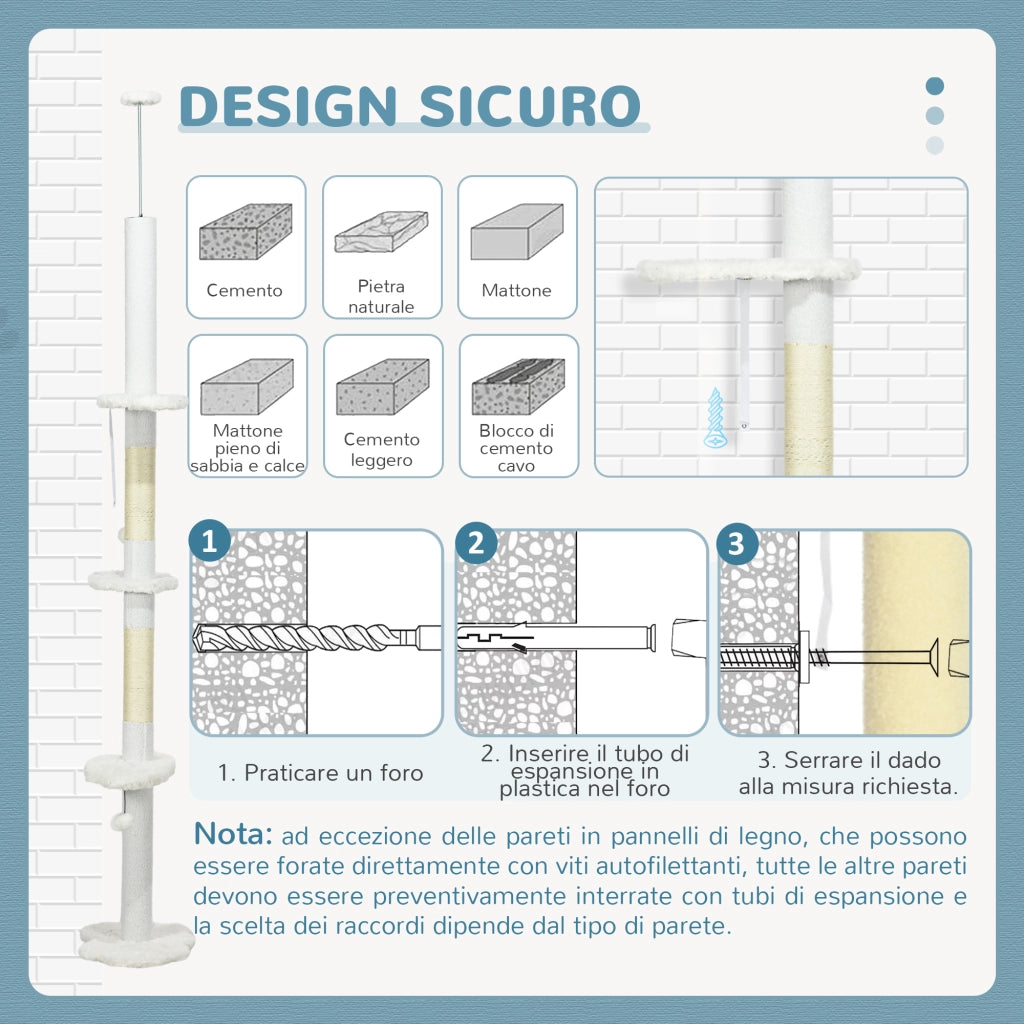 Tiragraffi per Gatti da Soffitto ¨C Xylo ¨C Regolabile 225-255 cm Sisal Bianco