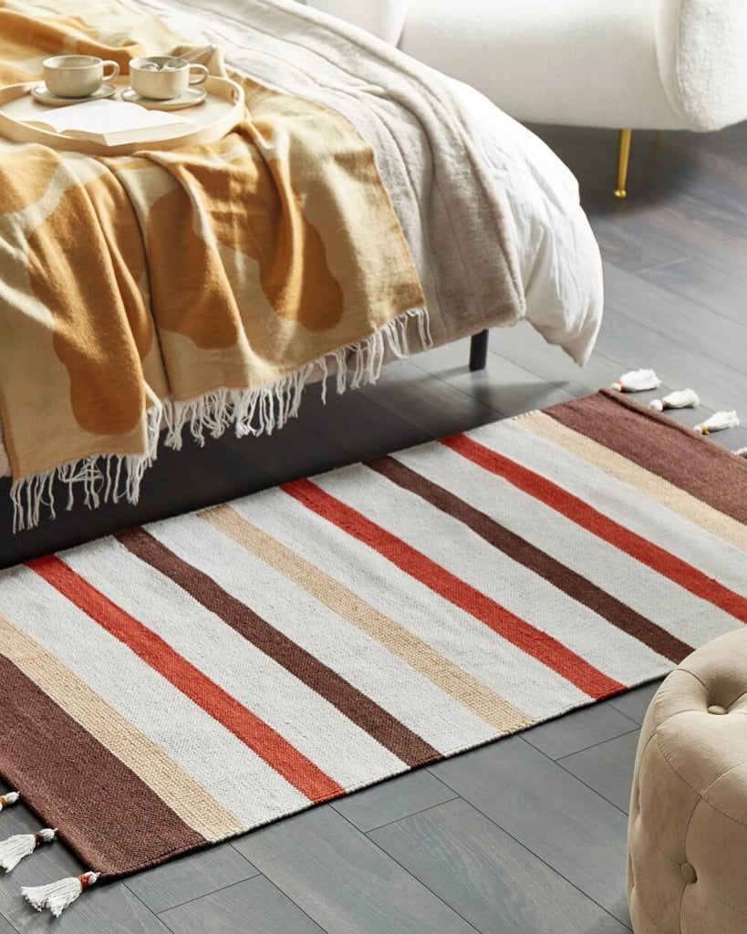 Tappeto marrone e beige righe cotone 80 x 150 cm rettangolare tessuto a mano