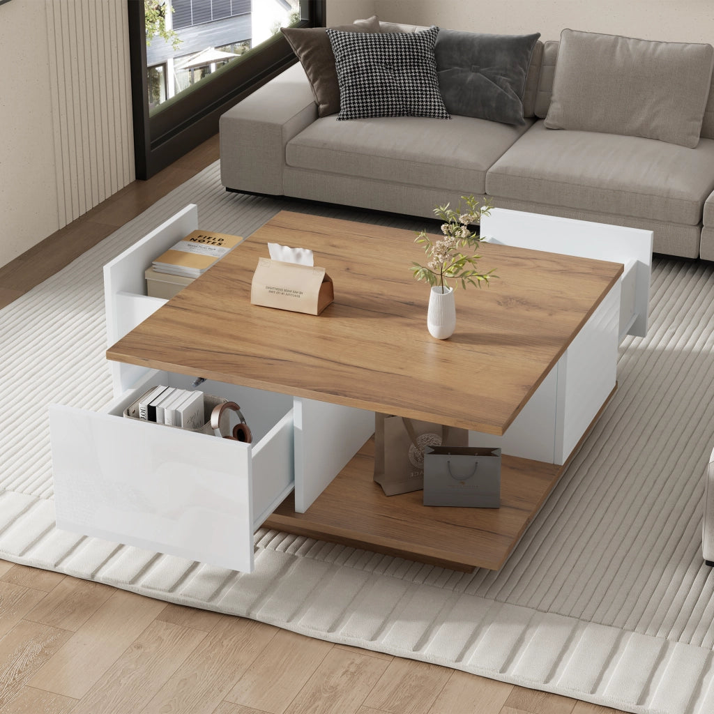 TAVOLO da caffè 70 x 70 x 31,5 cm Bianco e legno con 3 cassetti