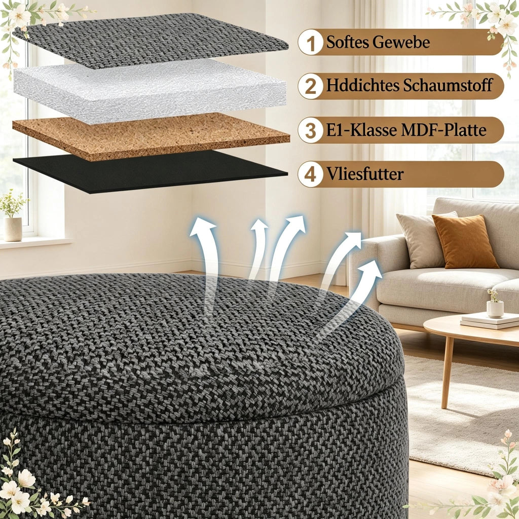 Pouf contenitore rotondo con vassoio in legno, lino e MDF, Grigio scuro