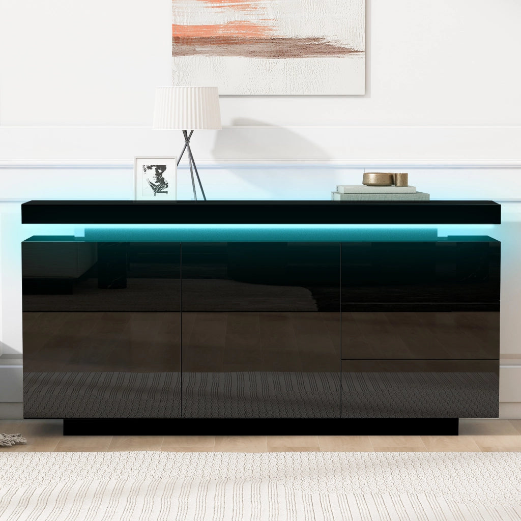 Credenza Moderna con LED ¨C Xylo ¨C Nero Lucido, 2 Ante, 3 Cassetti, 140x35x72.5