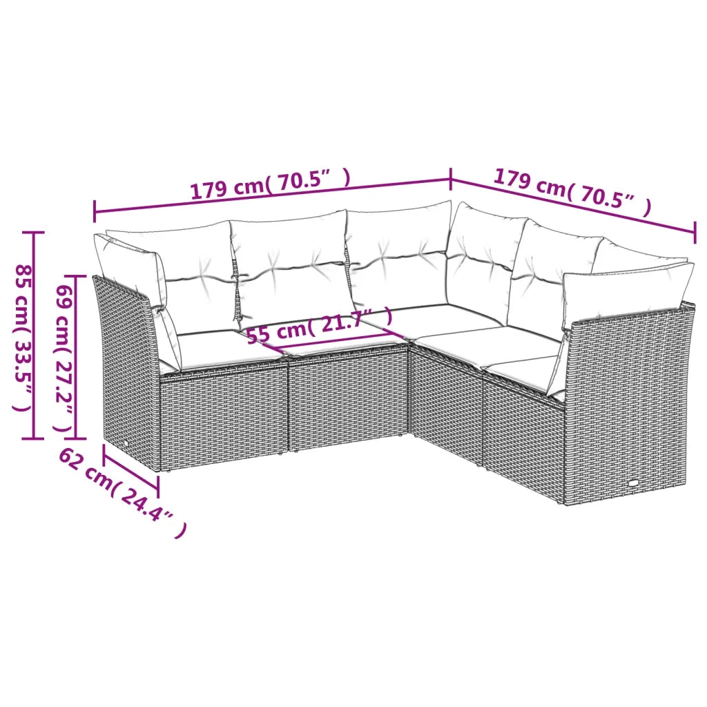 Set Divano da Giardino 5 pz con Cuscini Marrone in Polyrattan