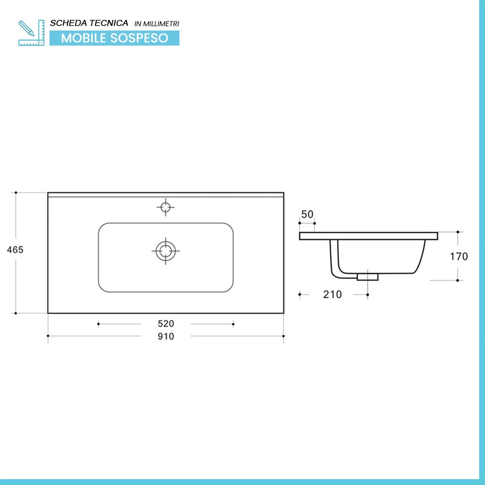 Mobile bagno sospeso 90 cm rovere bali con lavabo ad incasso Gaya