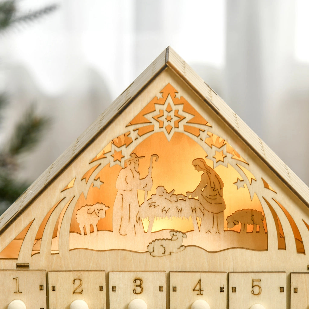 Calendario dell'Avvento in Legno con 24 Cassetti ¨C Xylo ¨C Decorazione Natalizia con Presepe e Luci, 26.6x6x30cm