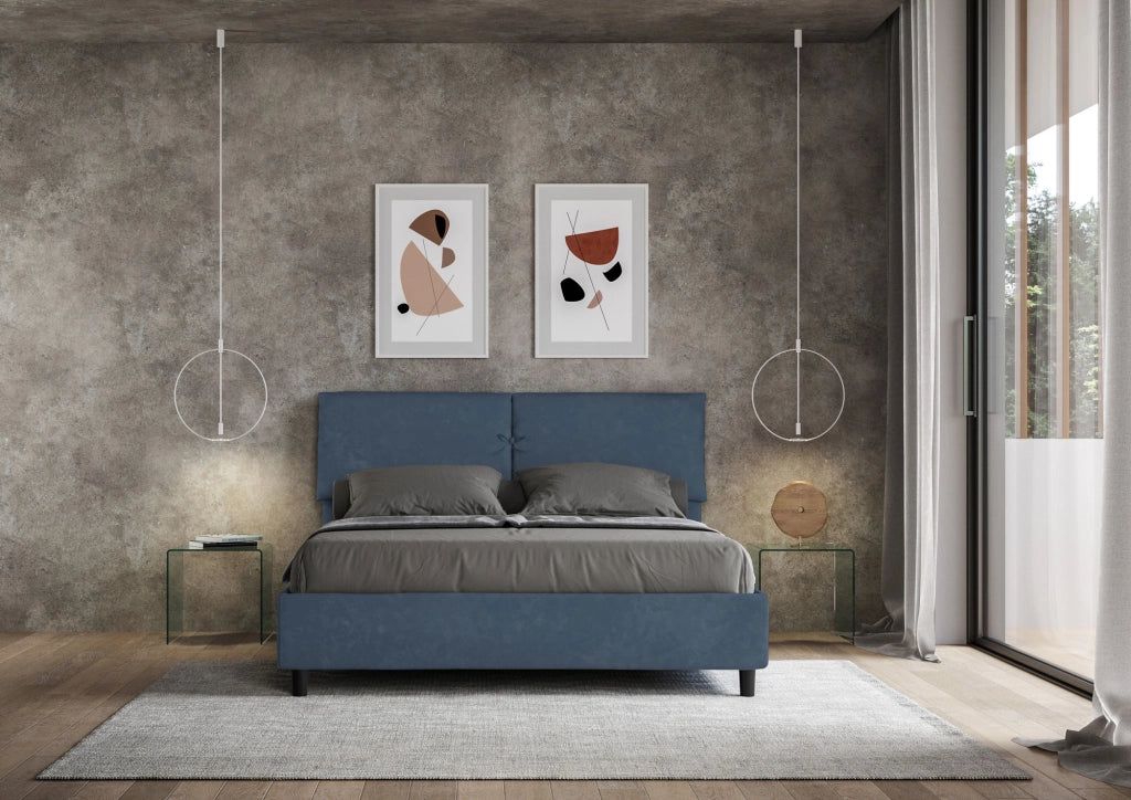 BS COM Letto matrimoniale contenitore doppia alzata imbottito 160x190 microfibra blu