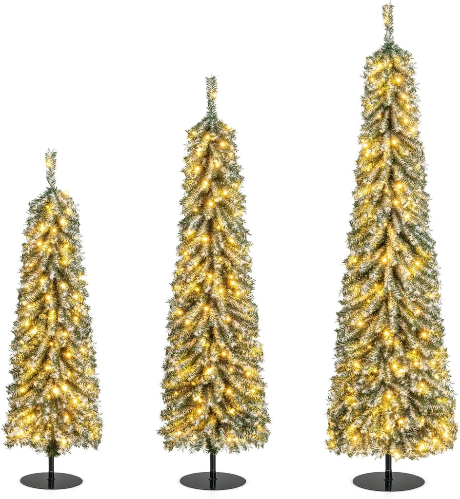 Albero di Natale Slim e Innevato con Luci 120/150 / 180 CM, Set di Alberi di Natale Artificiali Realistico con 216 & 302 & 505 Punte di Rami e 100 & 120 & 180 Luci LED