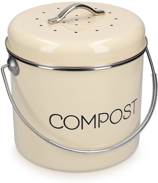 Compostatore metallico da 3L - Stilevole compostiera con filtro a 3 strati - Raccoglitore rifiuti per compostaggio - Maniglia per facile trasporto - Design vintage - Compostiera con filtro