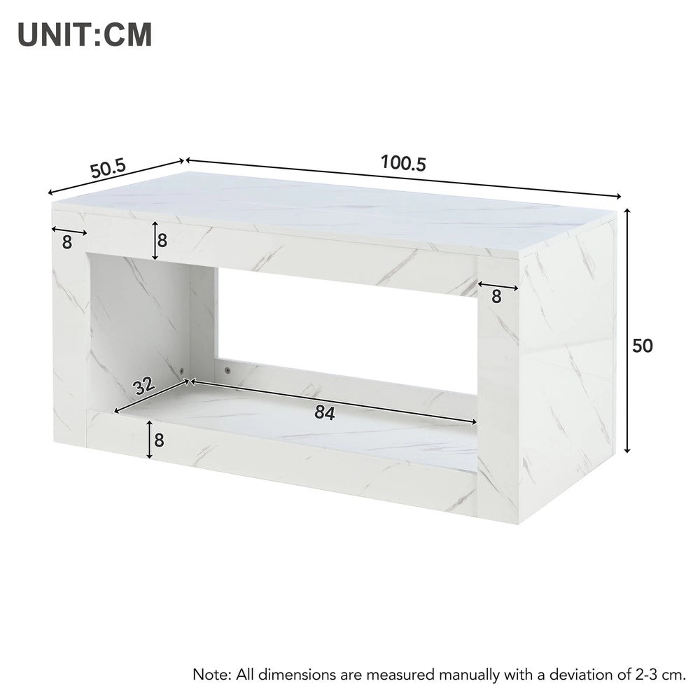 Grande tavolino da salotto LED moderno ¨C MINIMAL ¨C Bianco lucido, piano effetto marmo, telecomando