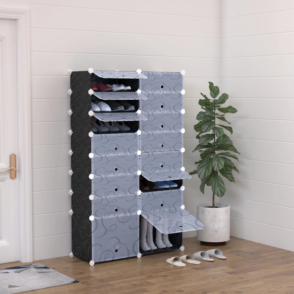 Armadio per Scarpe Modulare ¨C Minimal ¨C 14 Cubi Rettangolari e 2 Grandi Cubi Nero e Bianco Plastica 95x37x160 cm