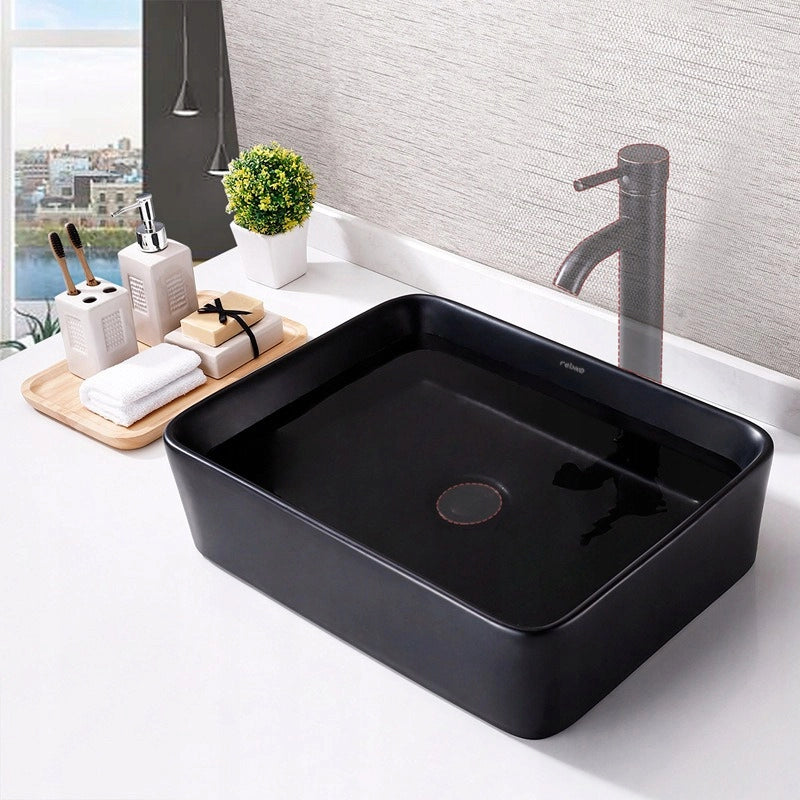 Lavabo da appoggio in ceramica nera opaca, da incasso, 48x36,5 cm, rettangolare