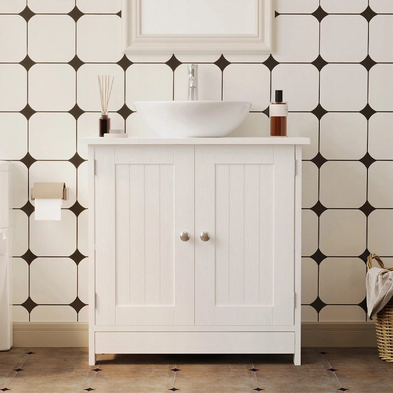 Mobiletto da bagno bianco con ante, ripiani in legno e mensola 60 cm