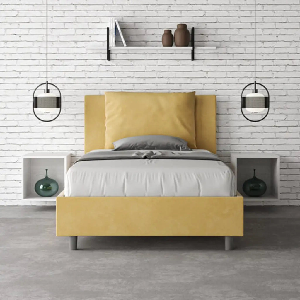 Letto una piazza e mezza contenitore imbottito 120x200 microfibra ocra Antea