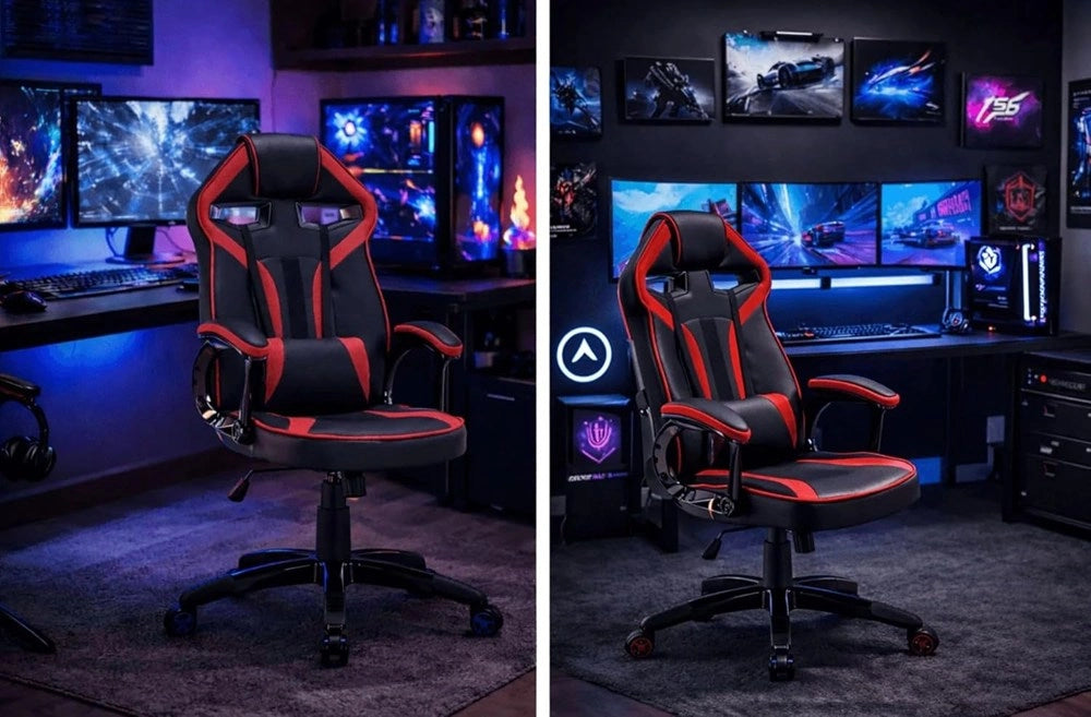 Scrivania KUBA con alzata bianco + poltrona DRIFT rosso set 6 cassetti per ufficio e studio