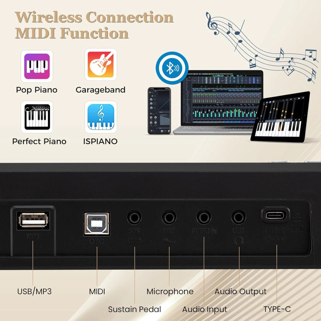 Pianoforte Digitale 88 Tasti Pieghevole, con 1000 Suoni, 1000 Ritmi & 150 Canzoni Demo, Tastiera Elettronica con Microfono, Pianola Facile da Trasportare con Borsa, Nero