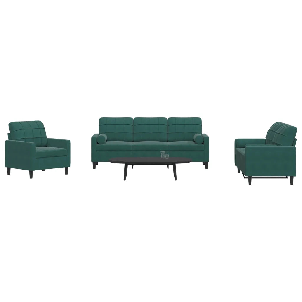 Set di Divani 3 pz con Cuscini e Rinforzi Verde scuro Velluto 3278373