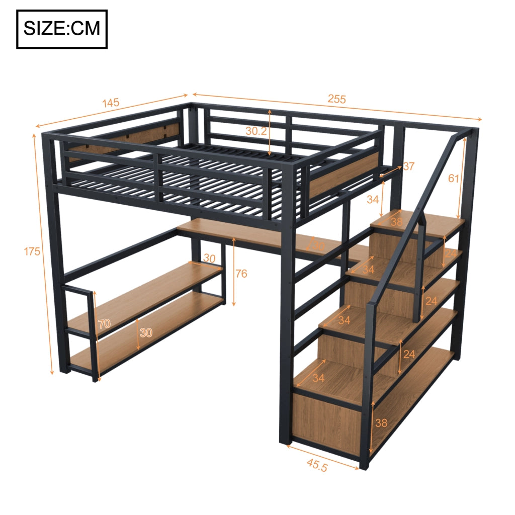 Letto a soppalco in metallo 140x200 cm nero con scale contenitore, ripiani e scrivania