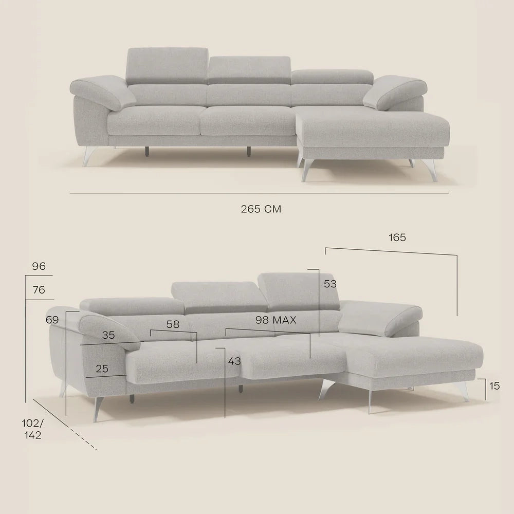 Donatello Divano con 3 sedute allungabili braccioli contenitore e poggiatesta reclinabili in tessuto smacchiabile T23 265 cm beige