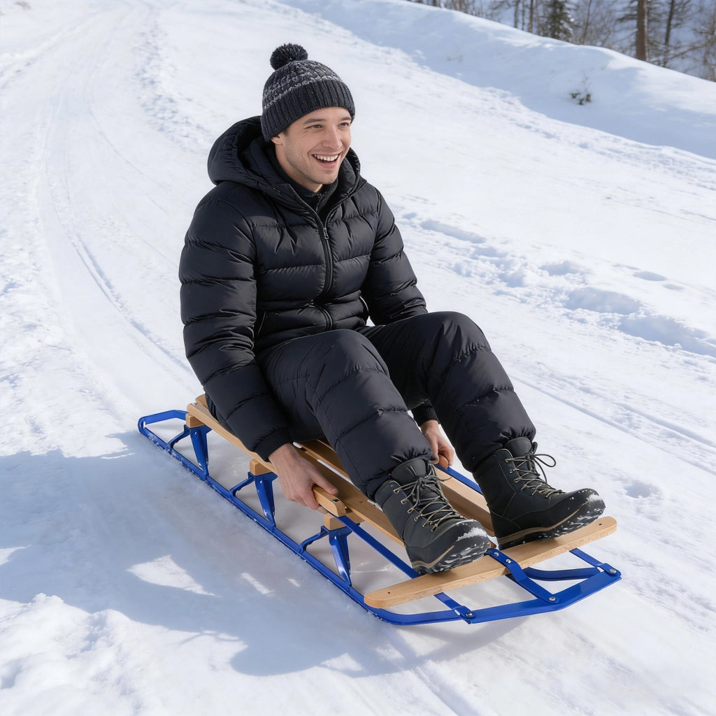Slitte da neve in metallo con pattini maniglie per bambini e adulti-Slitte con portata massima 150kg 137x58x16cm Blu