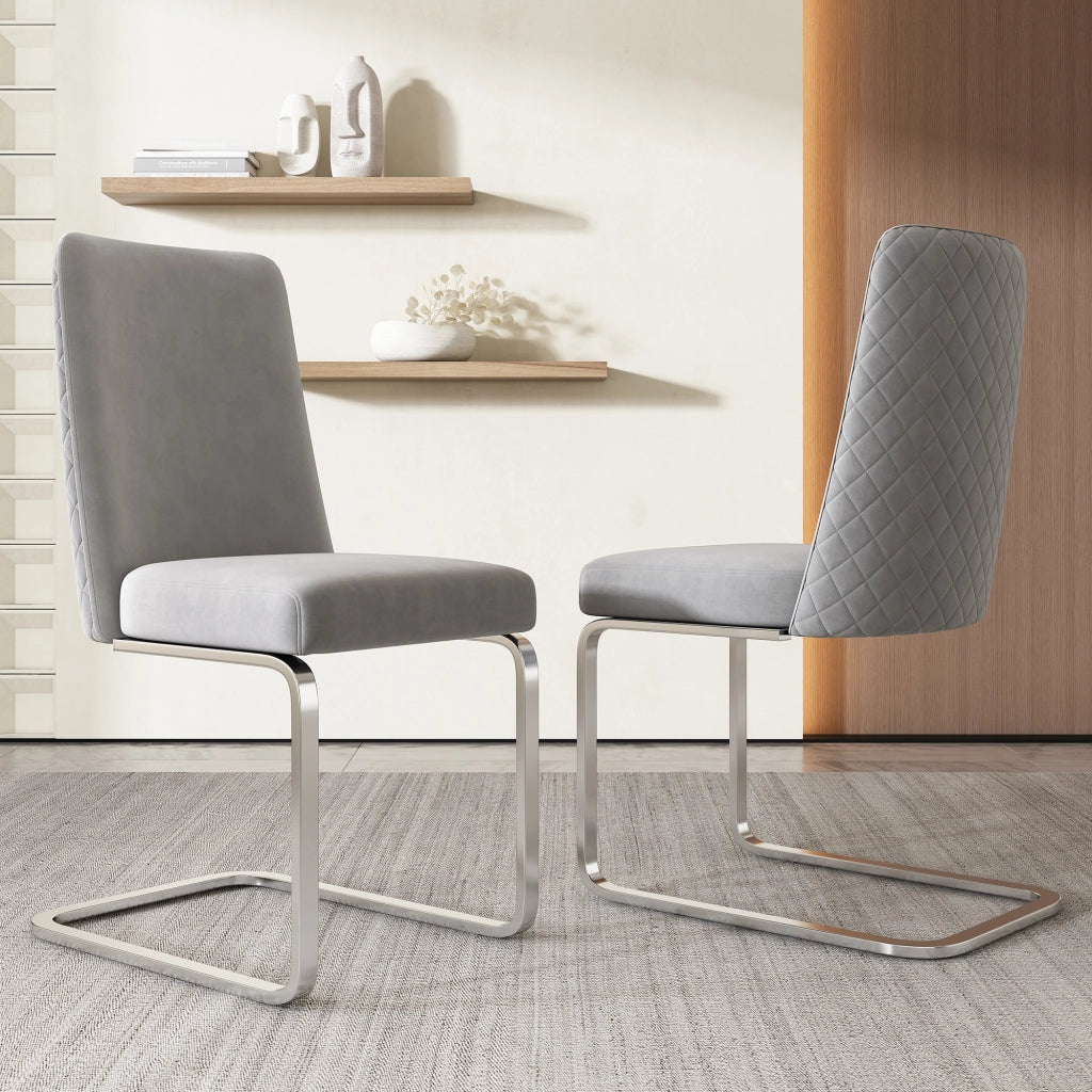 Sedia da pranzo in velluto set da 2 con schienale a rombi e gambe in metallo grigio argento