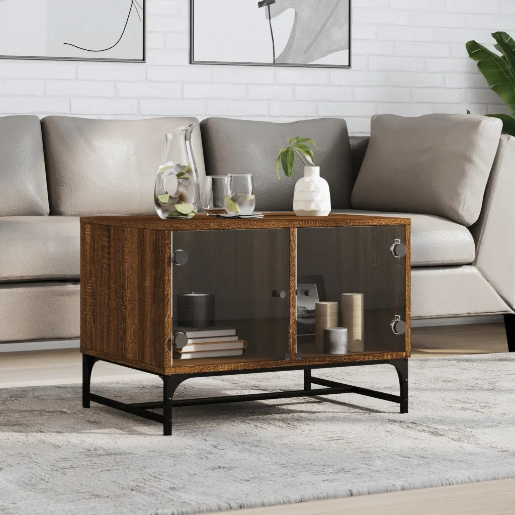 Tavolino Salotto con Ante in Vetro-Tavolino da soggiorno-Tavolo Rovere Marrone 68,5x50x50cm