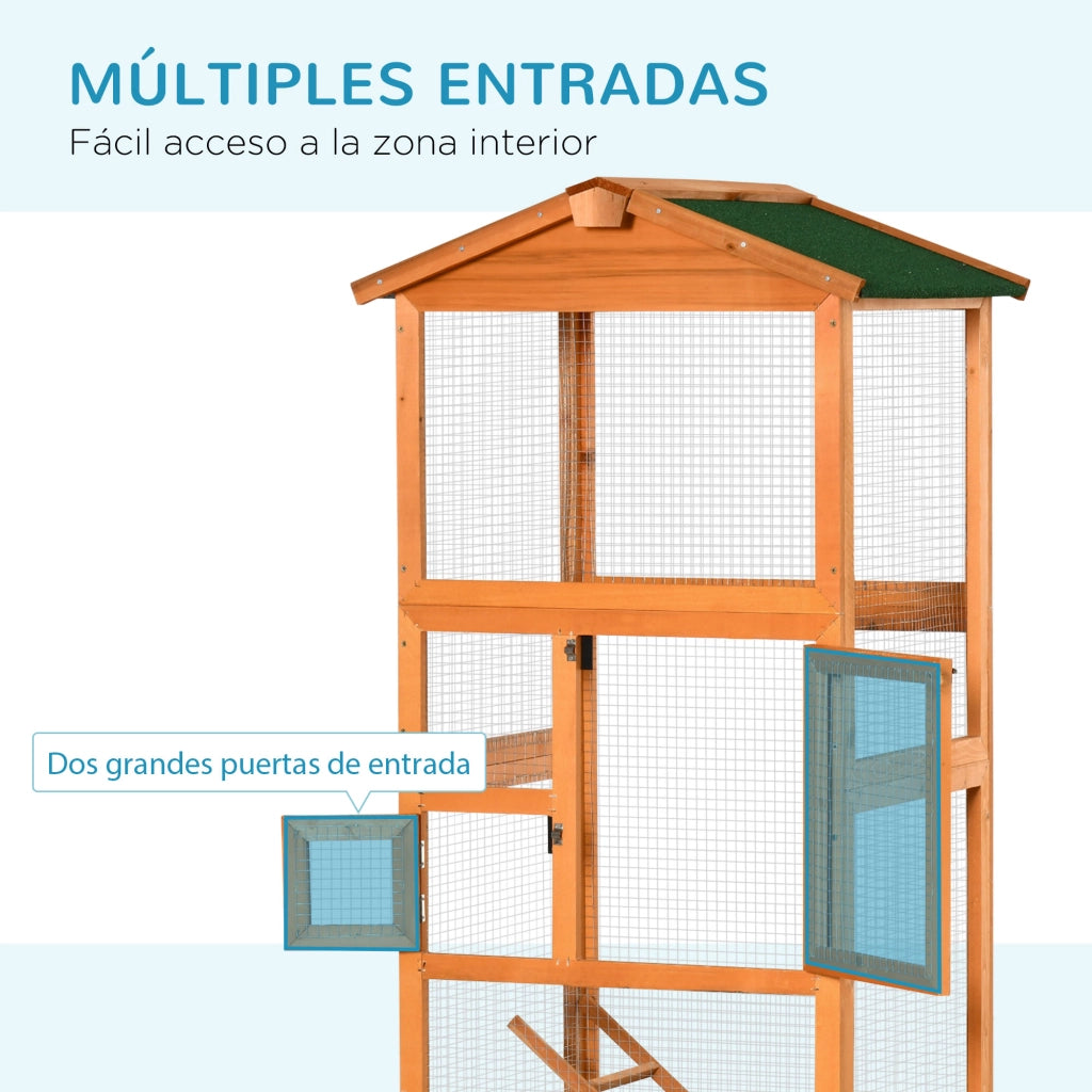 Gabbia per uccelli in legno di abete ¨C Xylo ¨C 2 porte, tetto asfaltato, 68x63x165cm