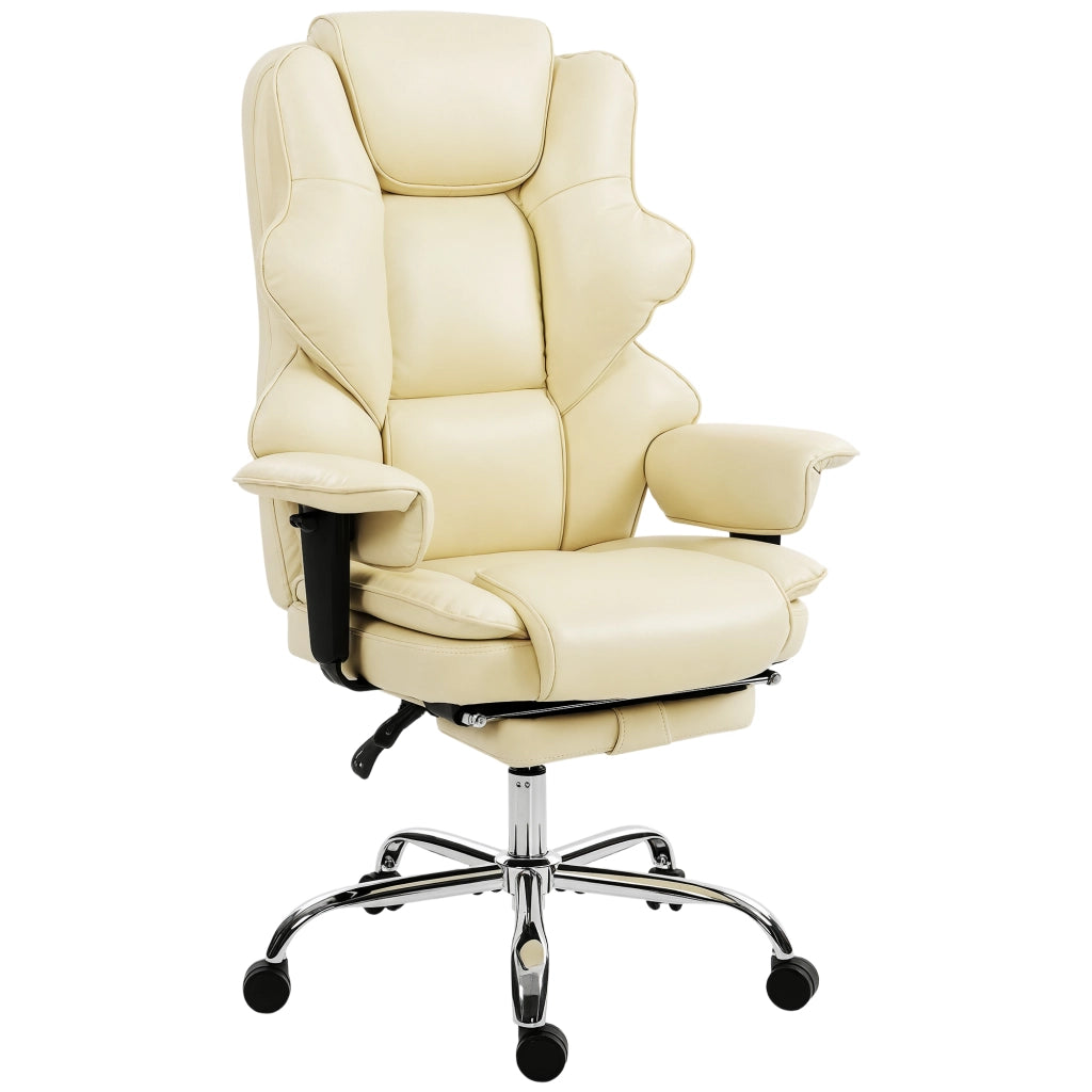 Sedia da Ufficio con Poggiapiedi e Poggiatesta 76x73x117-125 cm in Pelle PU Schiuma e Metallo Bianco Crema