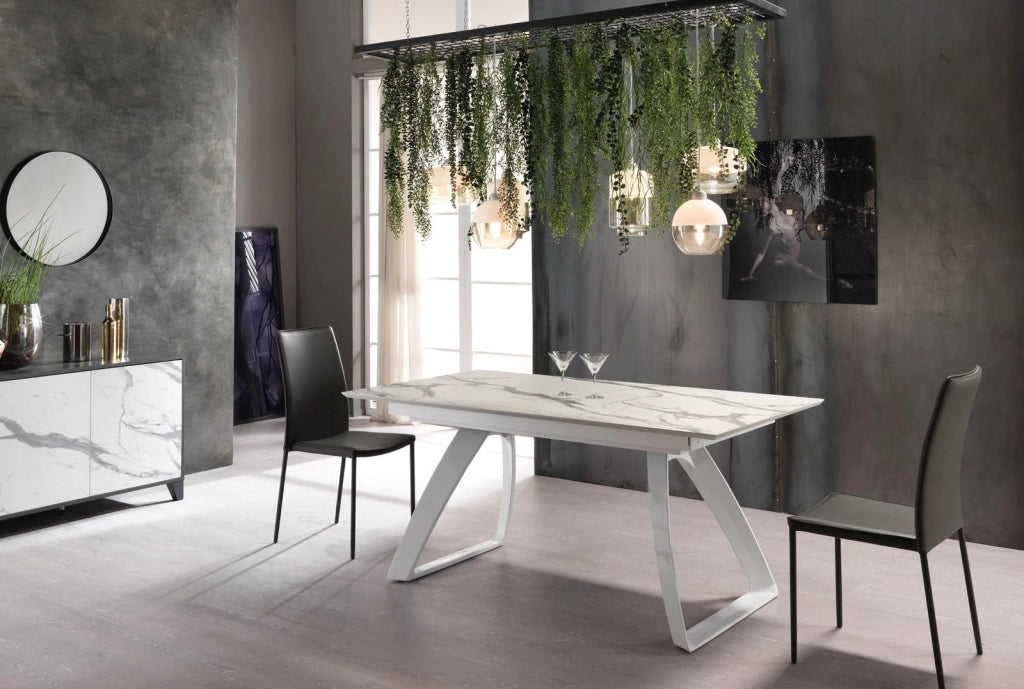 Tavolo Allungabile Barret 170/270x90 cm in HPL su MDF, Struttura con Gambe in Metallo Bianco e Top Marmo Calacatta - Arredo Moderno
