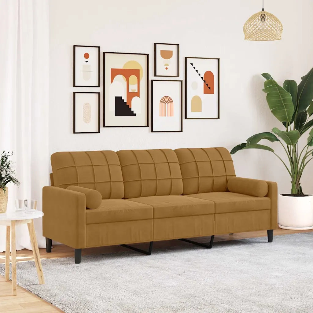 Divano a 3 Posti con Cuscini Marrone 180 cm in Velluto 3278236
