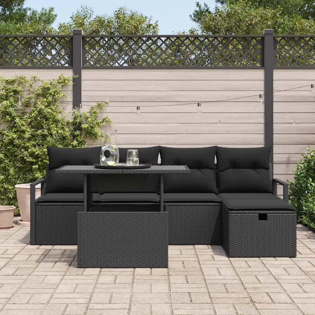 Set Divano da Giardino con cuscino 6 pcs Nero Poly Rattan