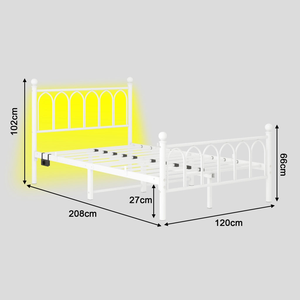 LETTO 120x200 cm in metallo e MDF Bianco con LED, USB e testiera alta