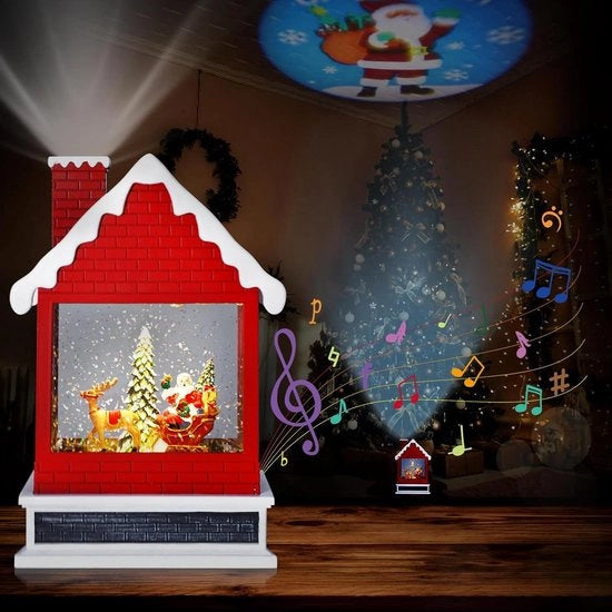 Lanterna con proiezione di neve illuminata con timer per decorazione natalizia - alimentata da USB/batterie, musica e effetto acqua vorticoso