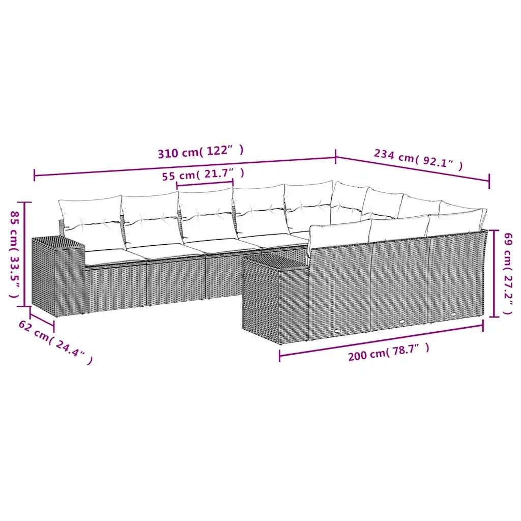 Set Divano da Giardino 10 pz con Cuscini Grigio in Polyrattan
