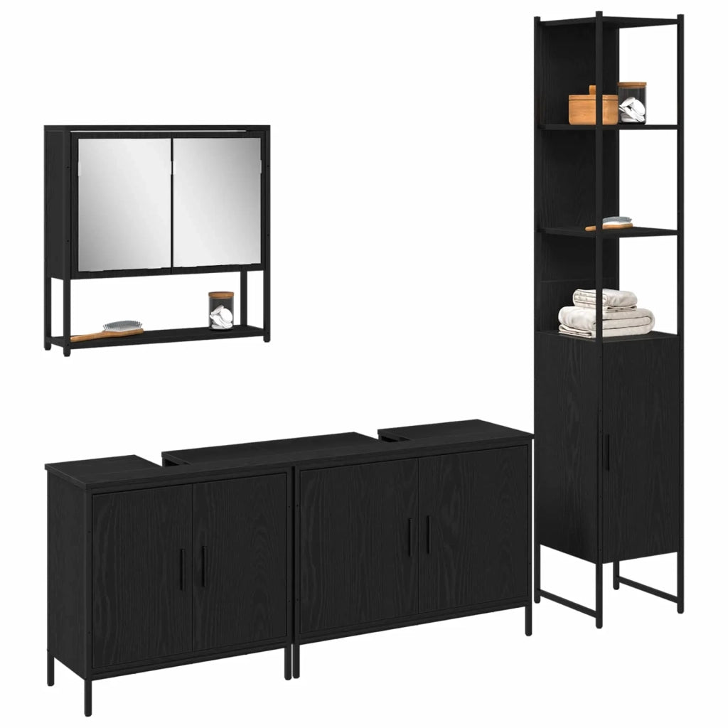 Set di mobili per il Bagno | Armadio da bagno 4 pz Nero Legno multistrato