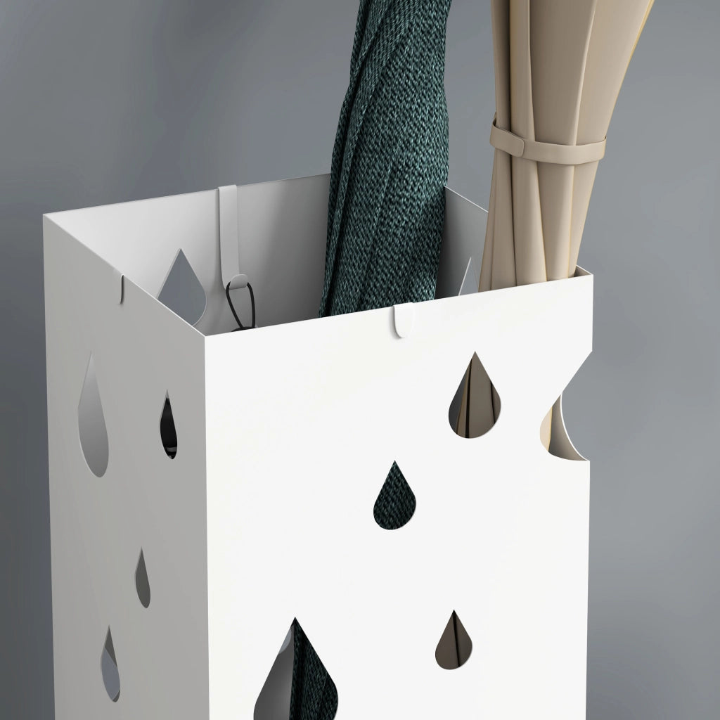 Portaombrelli in Acciaio con 4 Ganci e Bandeja di Gocciolamento ¨C zephmum ¨C Bianco 15.5x15.5x41 cm