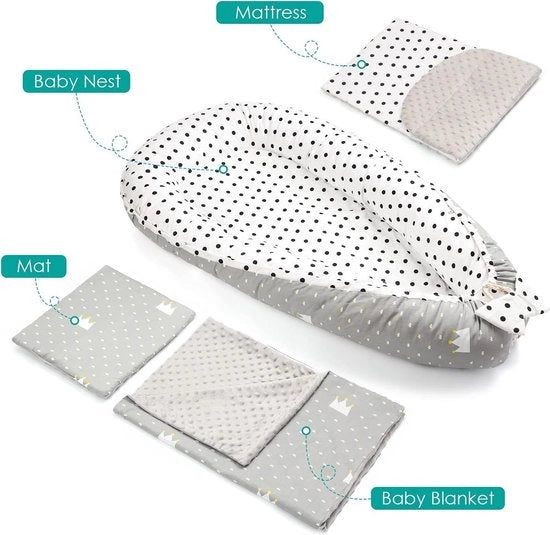 Set di ricambio per bebè 5 pezzi, composto da lettino per bebè 50x90 cm, cuscino di supporto, cuscino piatto, materasso per bebè, coperta di peluche - anti-allergico, morbido alla peluche, con animali teneri, per bambini da 0 a 7 mesi