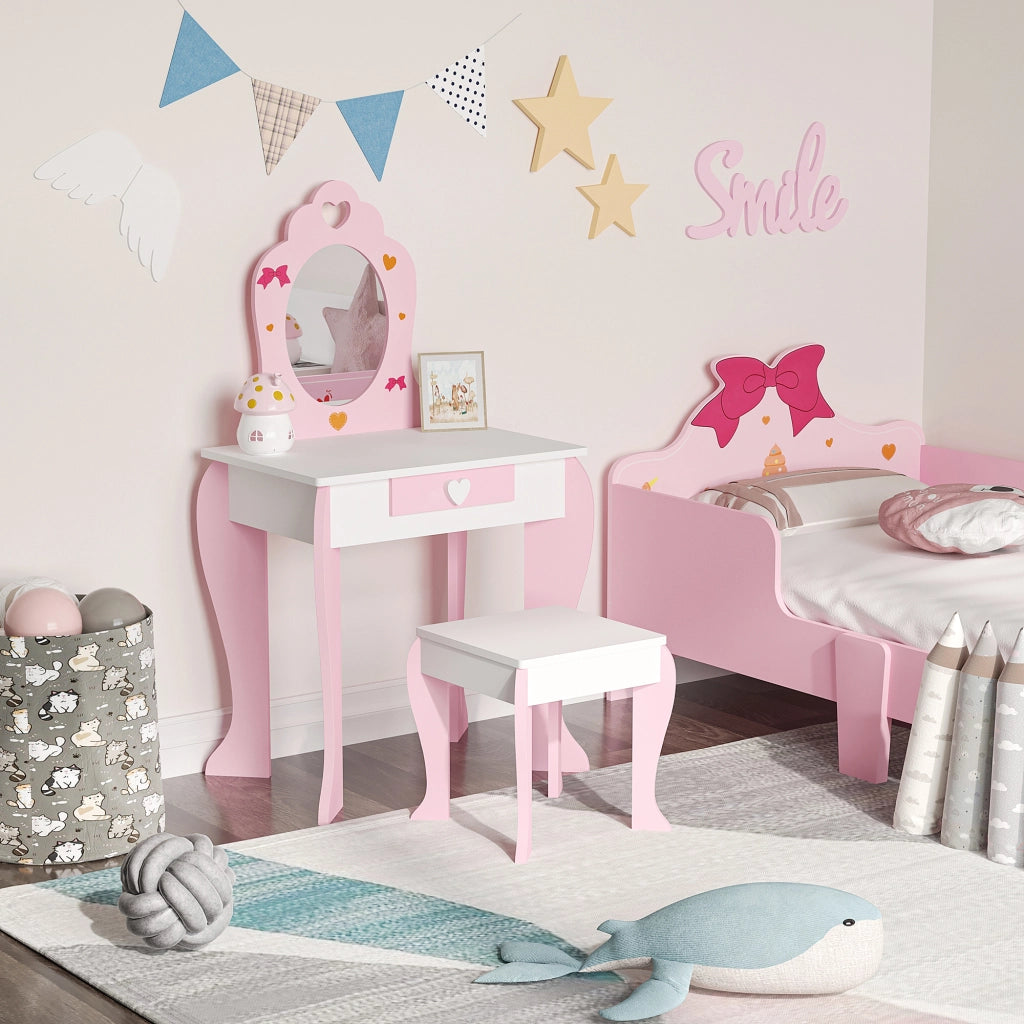 Centro di Bellezza per Bambini con Specchio e Sgabello ¨C Minimal ¨C Rosa 50x36,5x89,5cm